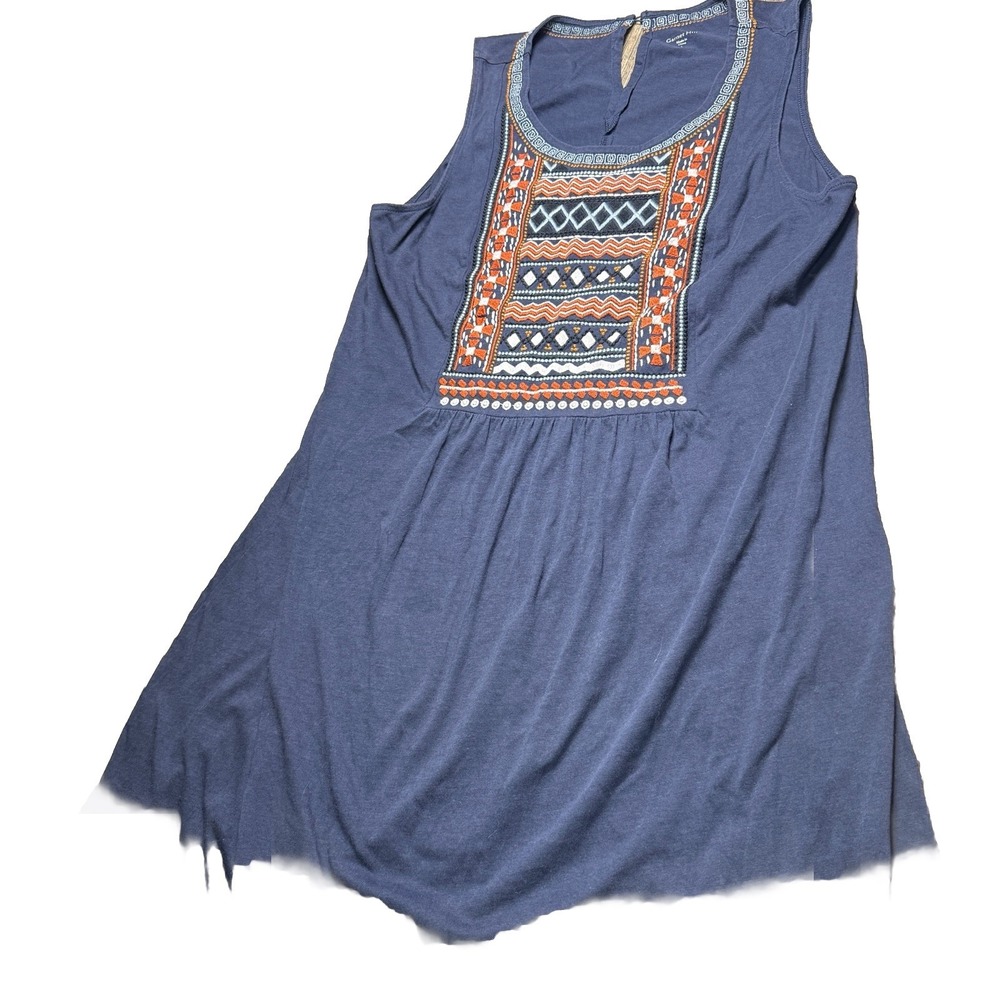 Garnet Hill Embroidered Tank Shift Dress Boho Vacation Navy Blue Large